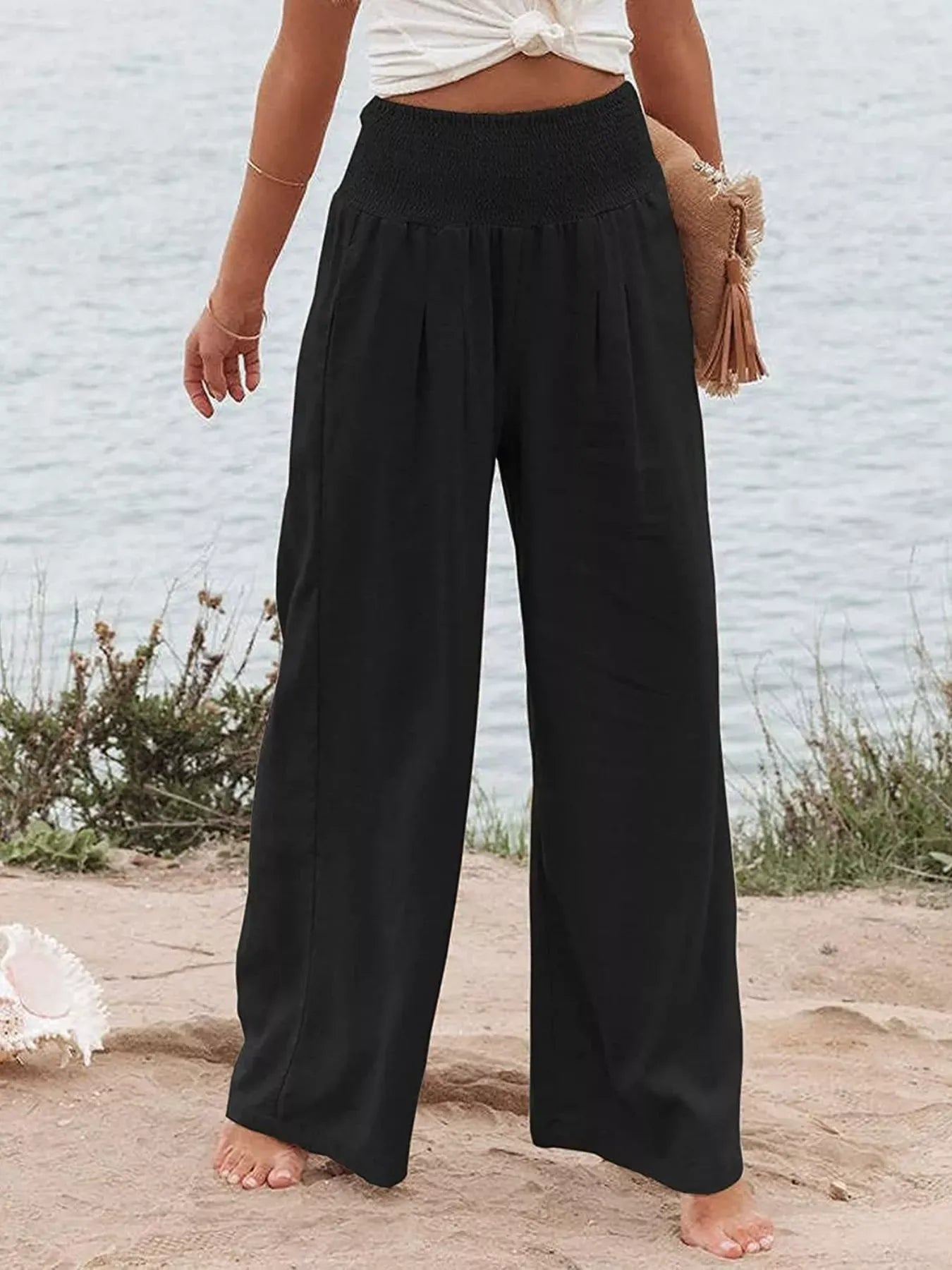 Smocked High Waisted Wide Leg Pants Black / S The Nichole Collection - Official Site