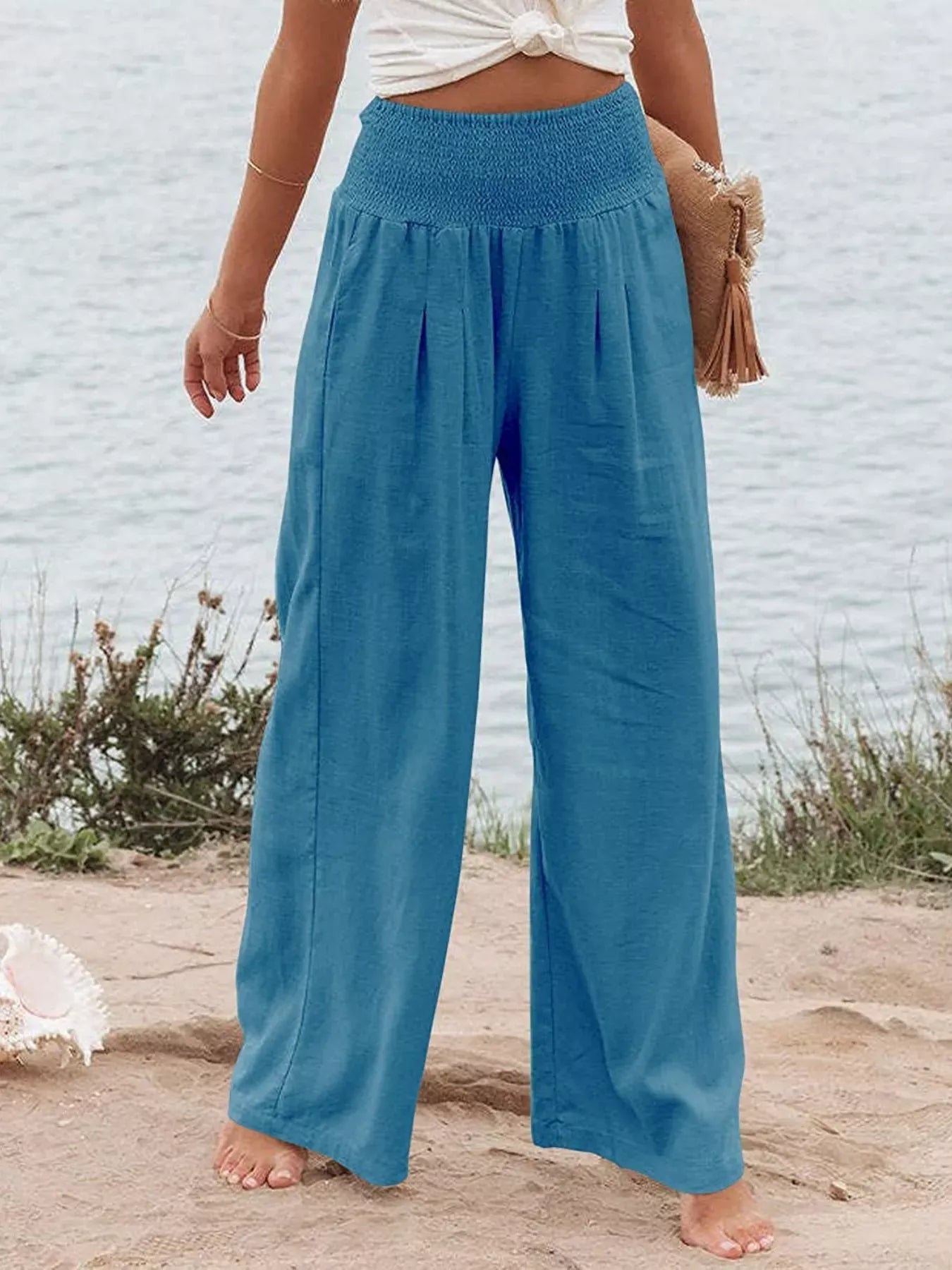 Smocked High Waisted Wide Leg Pants Sky Blue / S The Nichole Collection - Official Site