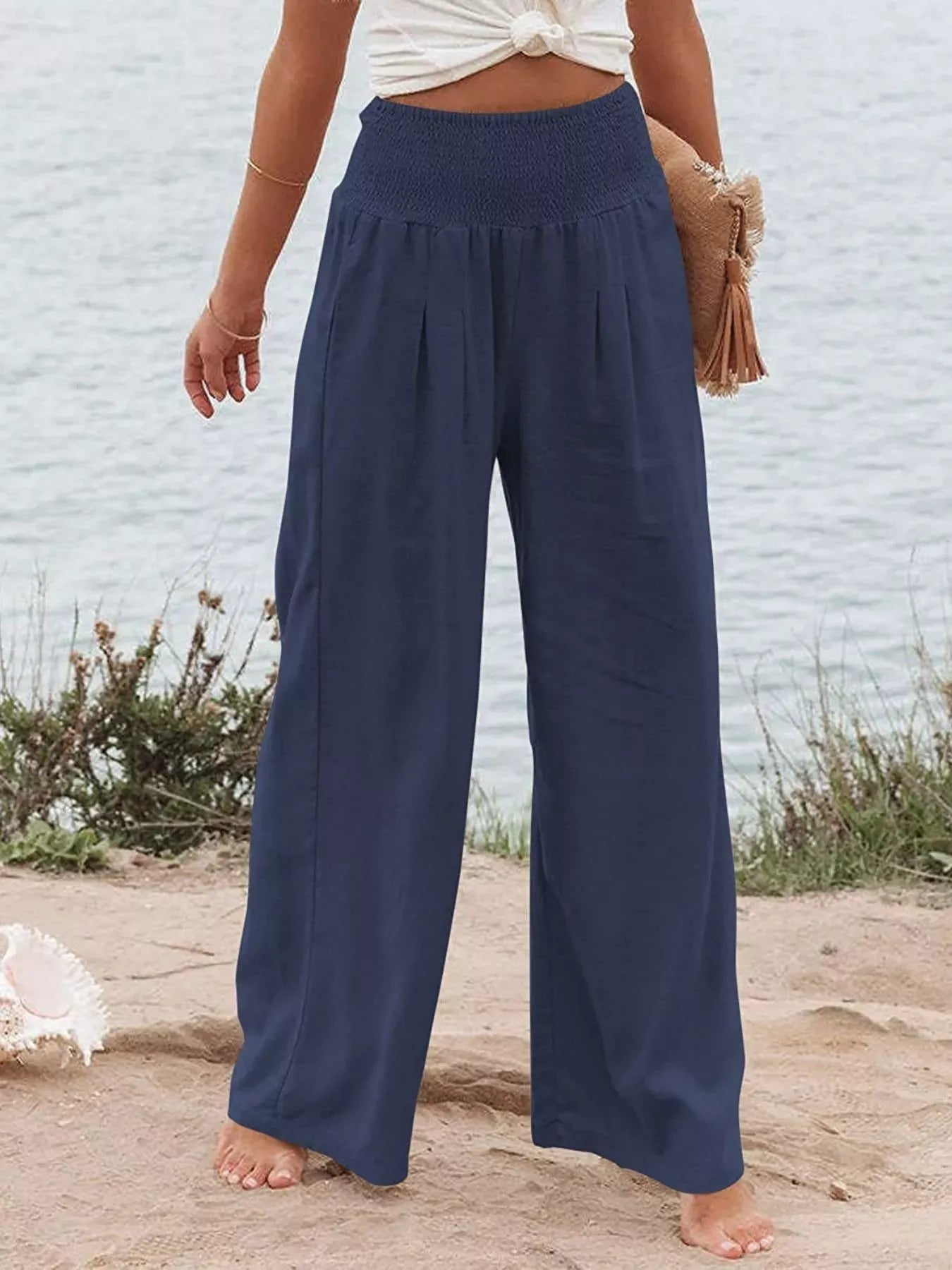 Smocked High Waisted Wide Leg Pants Dark Blue / S The Nichole Collection - Official Site