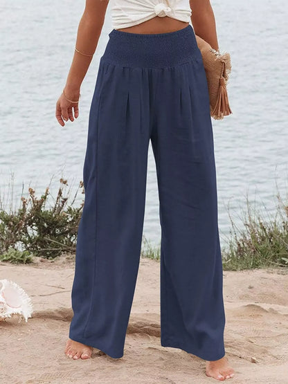 Smocked High Waisted Wide Leg Pants Dark Blue / S The Nichole Collection - Official Site
