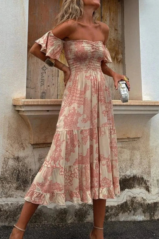 Smocked Off-Shoulder Floral Printed Midi Dress Apricot / S The Nichole Collection