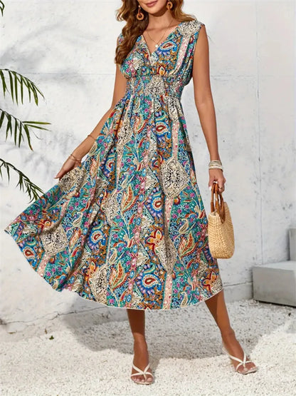 Smocked Printed Surplice Sleeveless Midi Dress Midi Dresses The Nichole Collection - Official Site