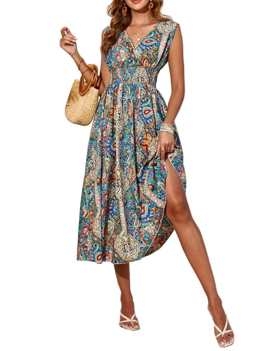 Smocked Printed Surplice Sleeveless Midi Dress Midi Dresses The Nichole Collection - Official Site