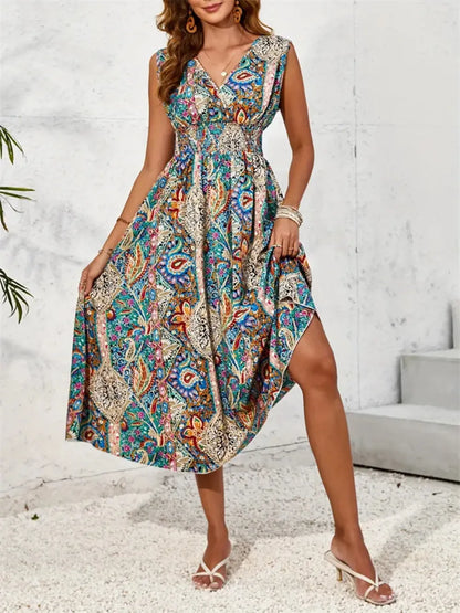 Smocked Printed Surplice Sleeveless Midi Dress Midi Dresses The Nichole Collection - Official Site