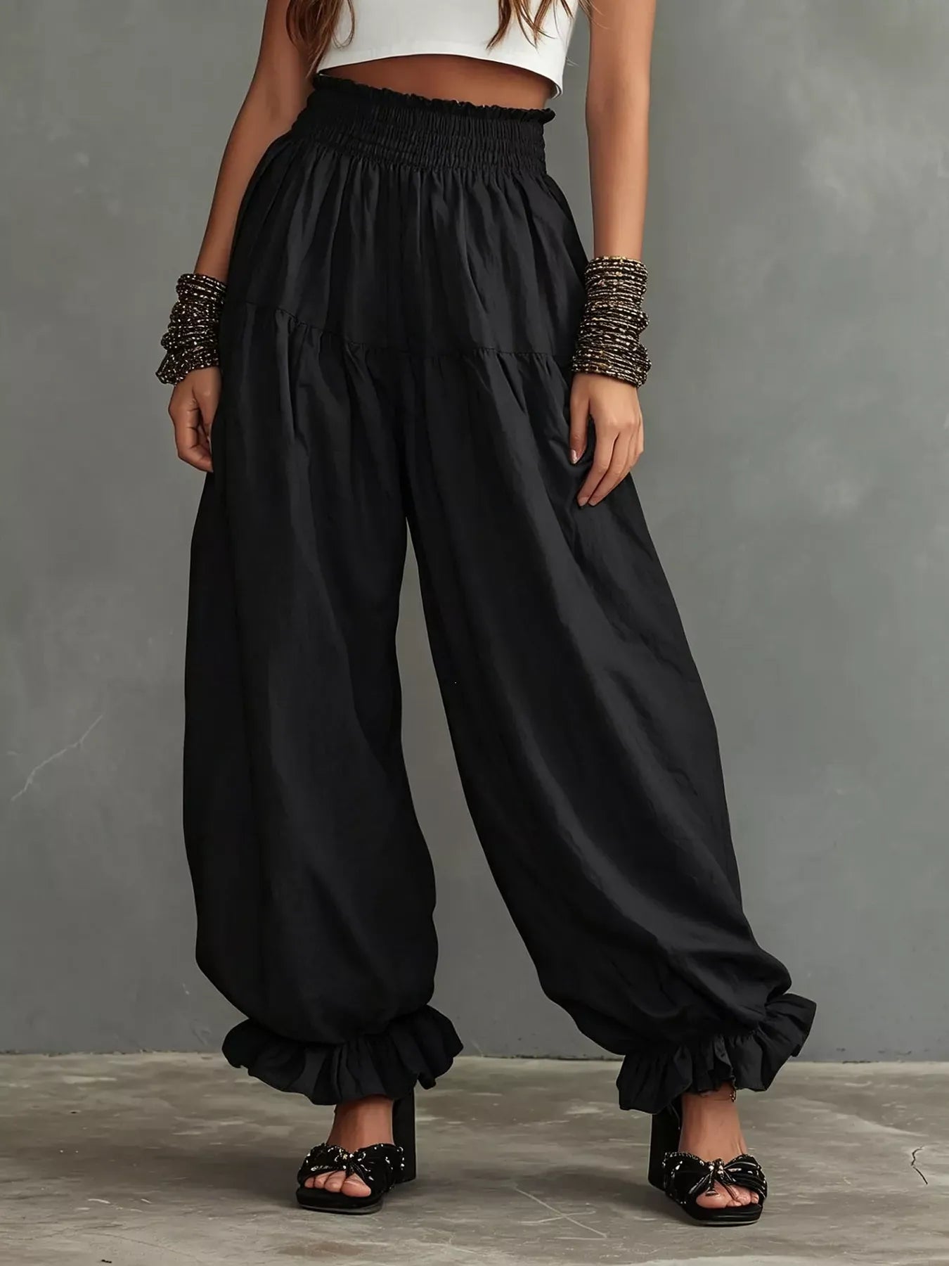 Smocked Ruffle Hem Wide Leg Pants Black / S The Nichole Collection - Official Site