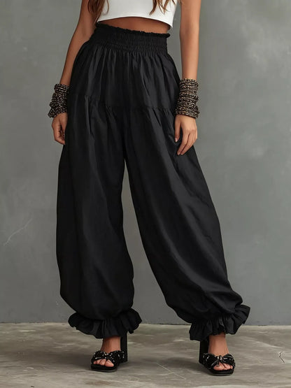 Smocked Ruffle Hem Wide Leg Pants Black / S The Nichole Collection - Official Site