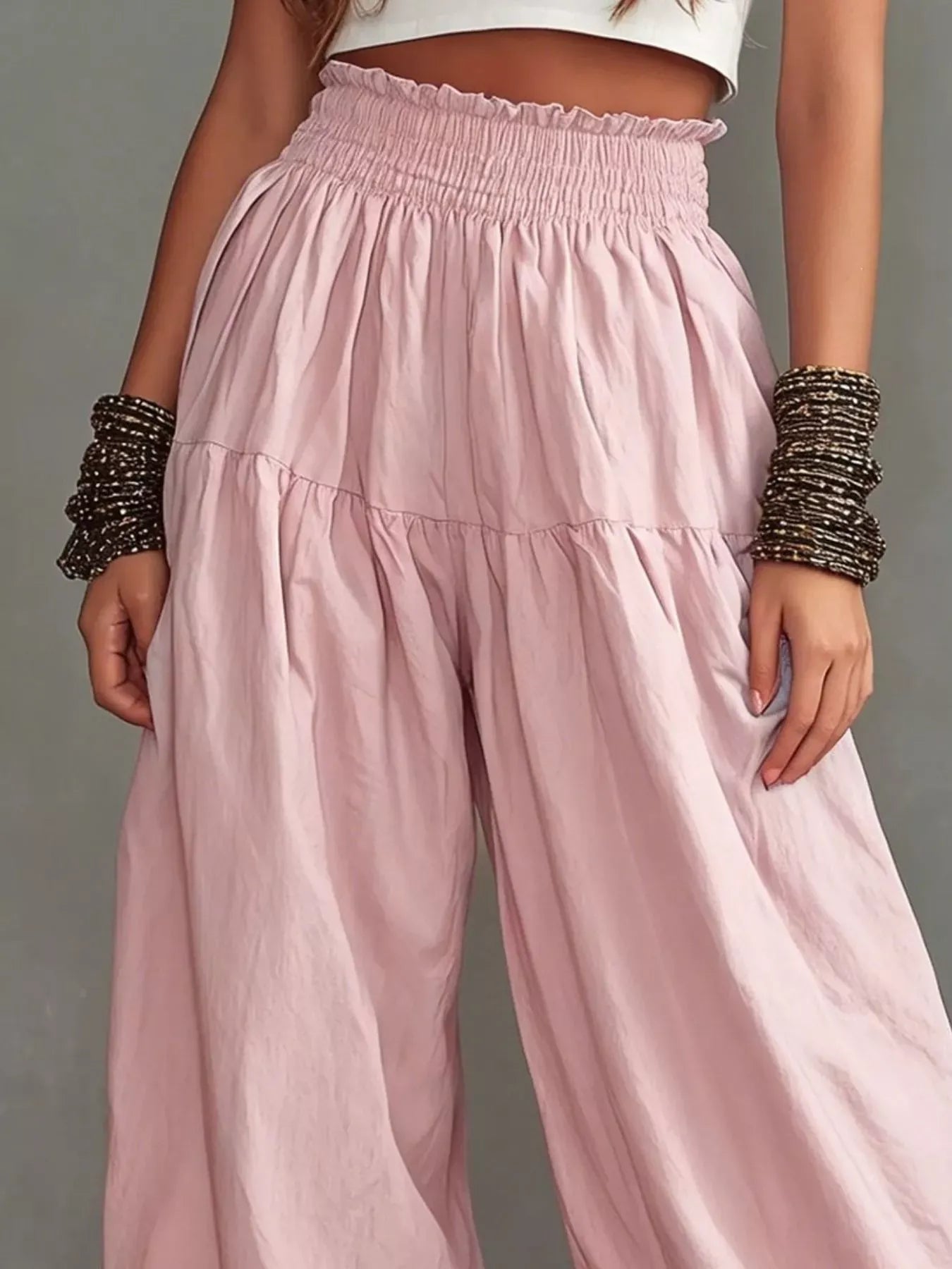 Smocked Ruffle Hem Wide Leg Pants Blush Pink / S The Nichole Collection - Official Site