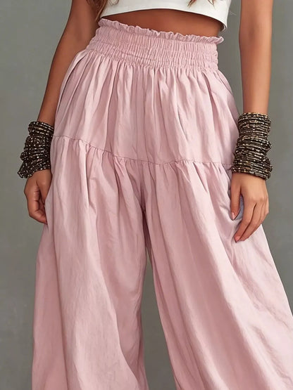 Smocked Ruffle Hem Wide Leg Pants Blush Pink / S The Nichole Collection - Official Site