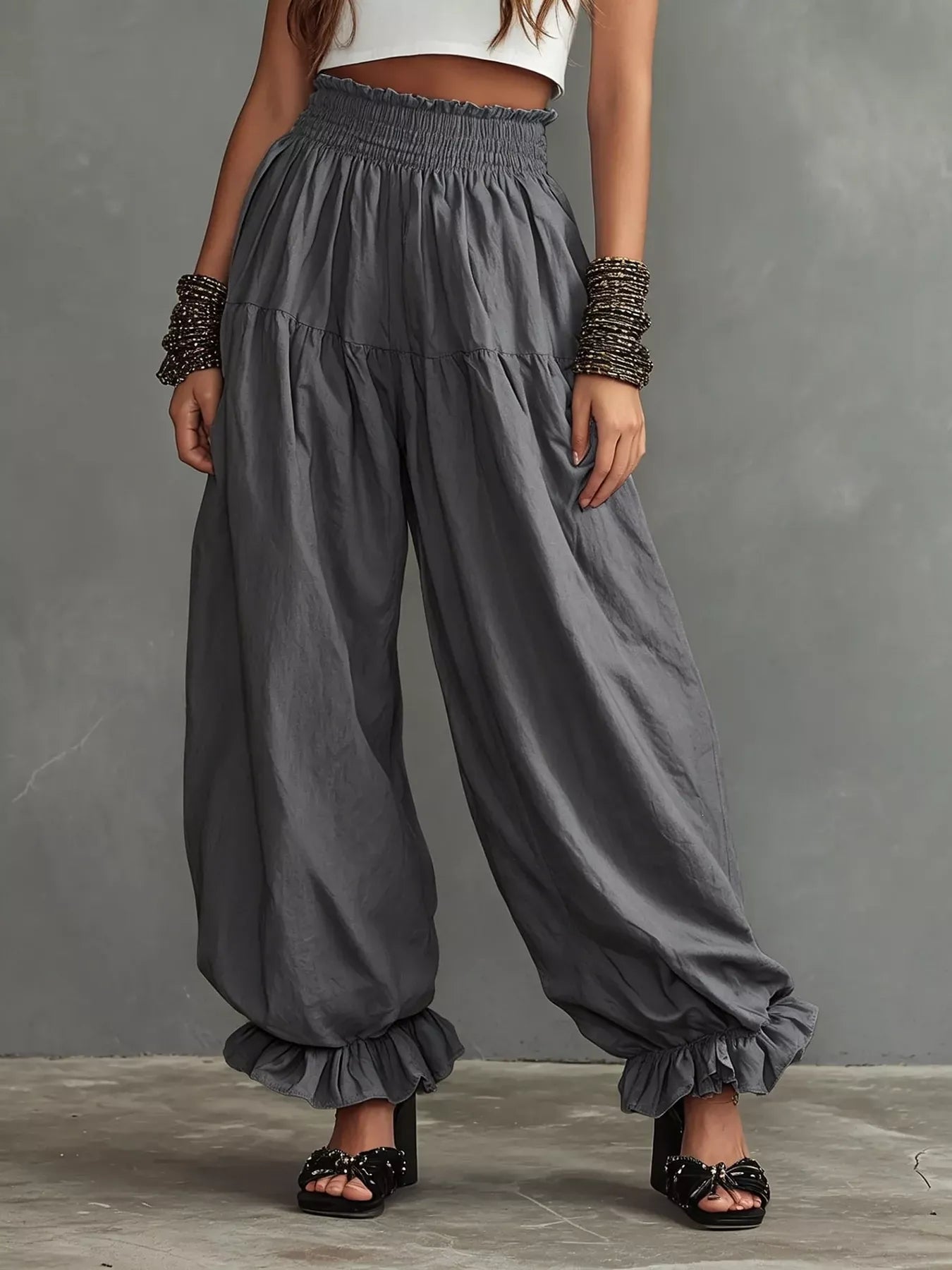 Smocked Ruffle Hem Wide Leg Pants Dark Gray / S The Nichole Collection - Official Site