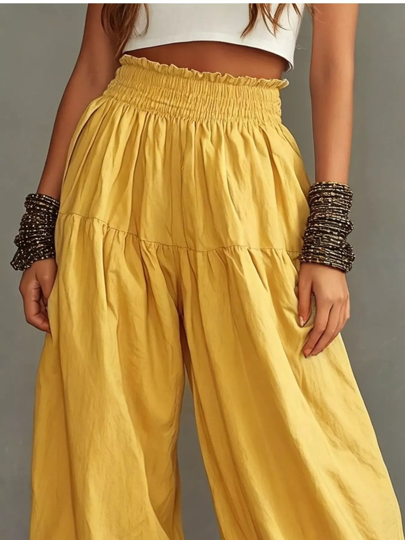 Smocked Ruffle Hem Wide Leg Pants Mustard / S The Nichole Collection - Official Site