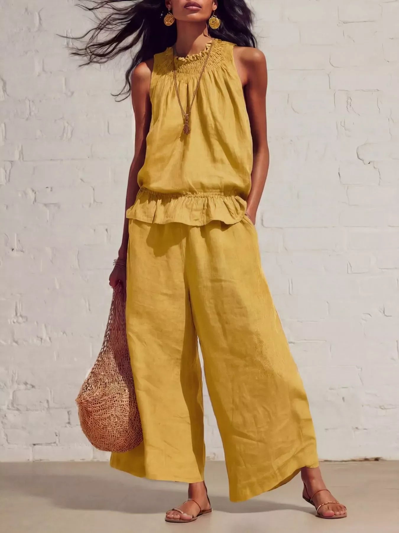 Smocked Ruffled Hem Top and Wide-Leg Pants Set Yellow / S The Nichole Collection