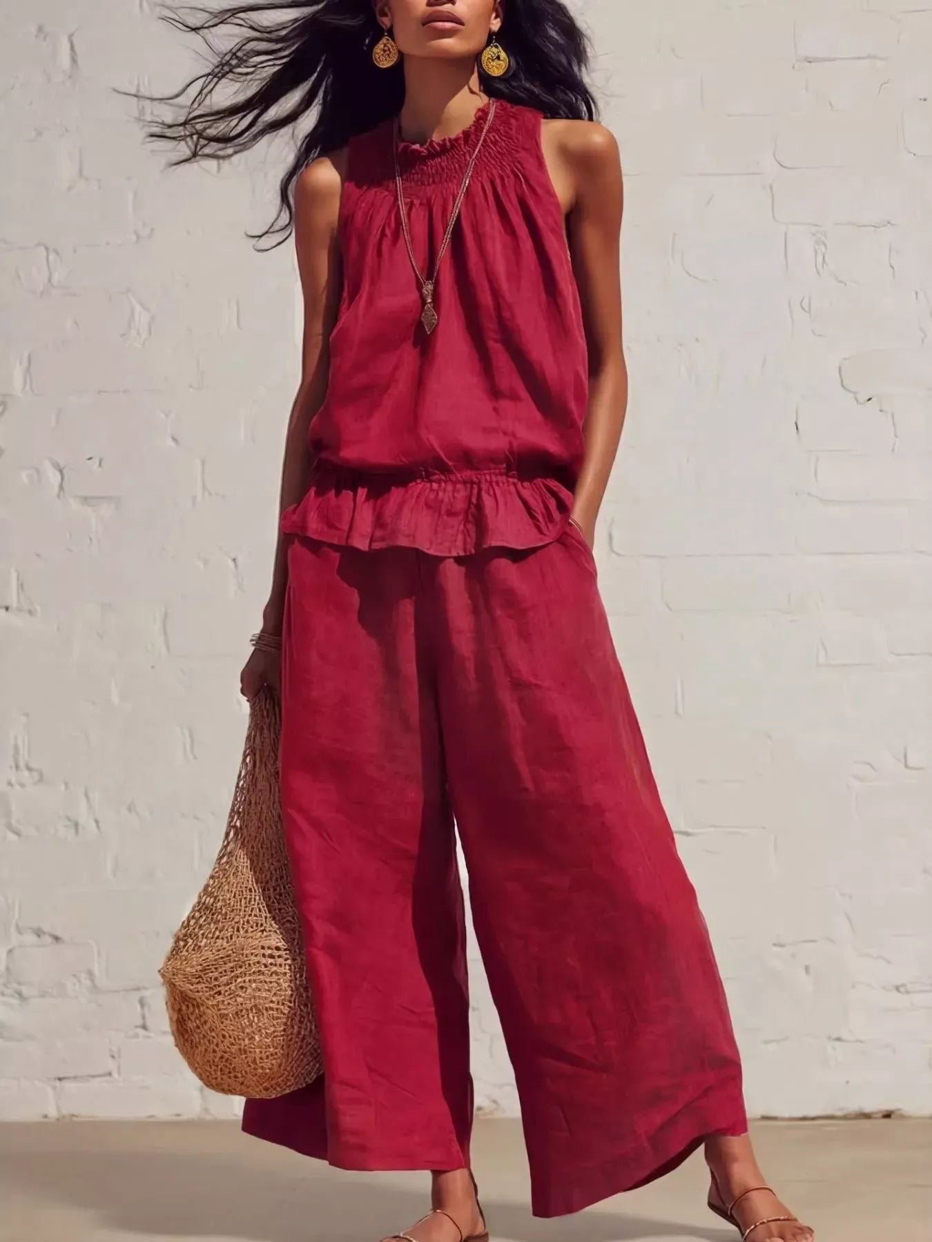 Smocked Ruffled Hem Top and Wide-Leg Pants Set Scarlet / S The Nichole Collection