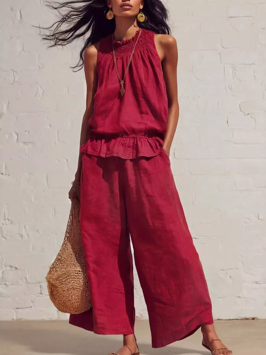 Smocked Ruffled Hem Top and Wide-Leg Pants Set Scarlet / S The Nichole Collection