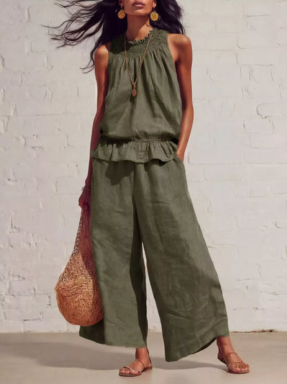 Smocked Ruffled Hem Top and Wide-Leg Pants Set Army Green / S The Nichole Collection