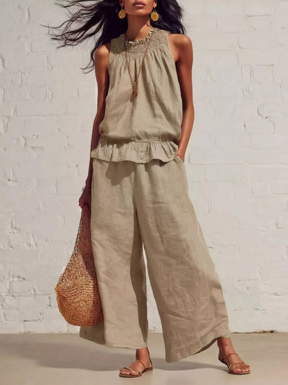 Smocked Ruffled Hem Top and Wide-Leg Pants Set Khaki / S The Nichole Collection