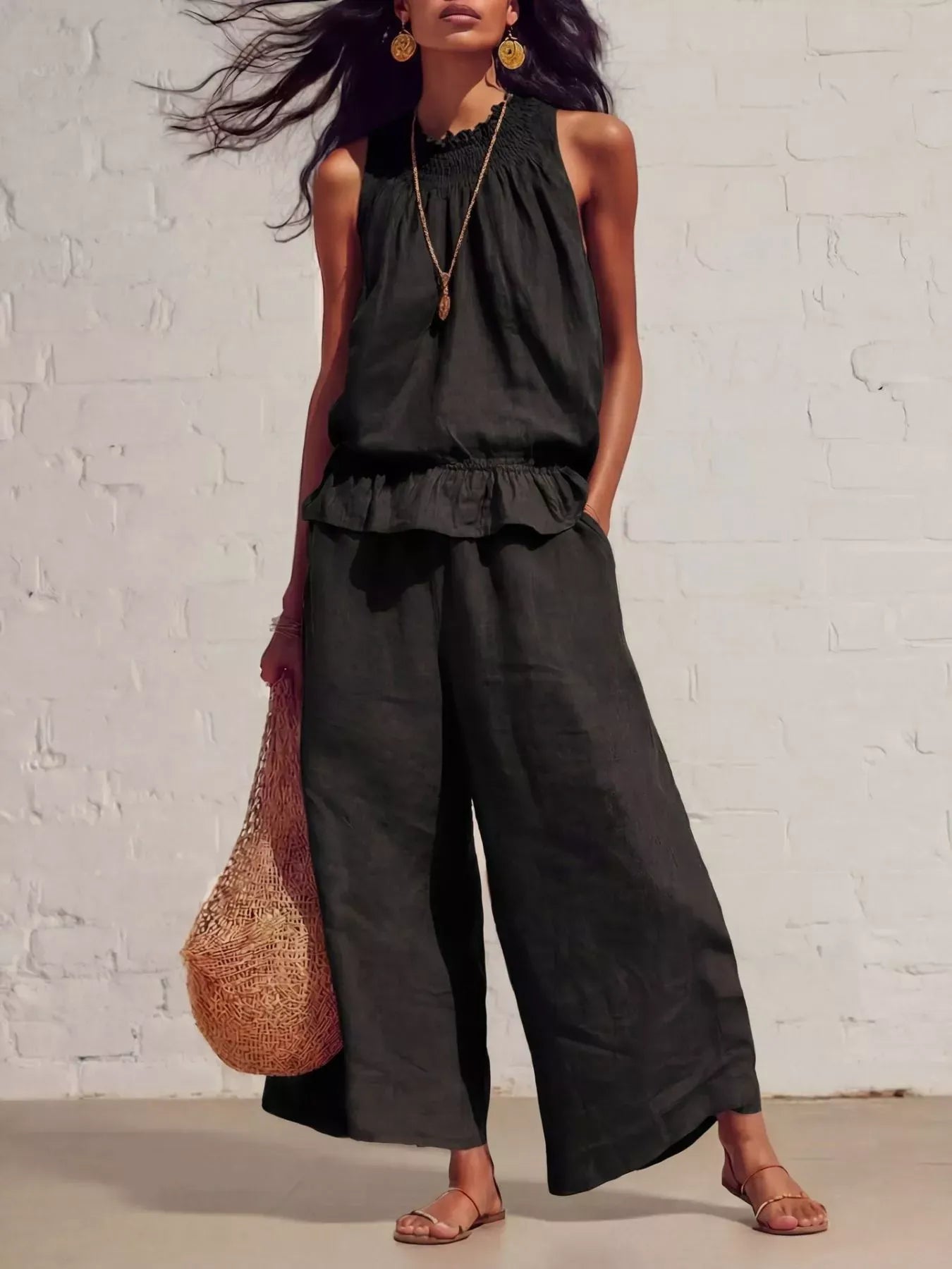 Smocked Ruffled Hem Top and Wide-Leg Pants Set Black / S The Nichole Collection