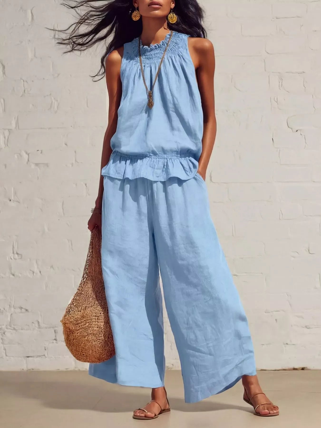 Smocked Ruffled Hem Top and Wide-Leg Pants Set Sky Blue / S The Nichole Collection