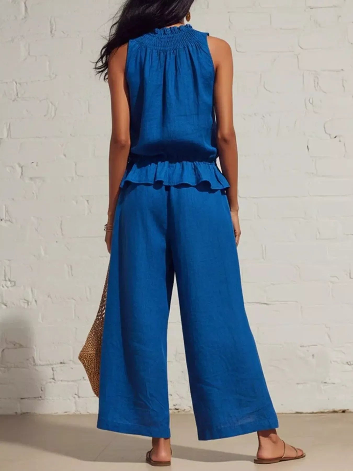 Smocked Ruffled Hem Top and Wide-Leg Pants Set The Nichole Collection