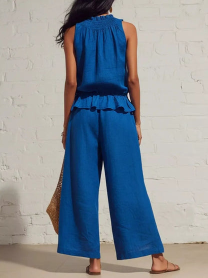 Smocked Ruffled Hem Top and Wide-Leg Pants Set The Nichole Collection