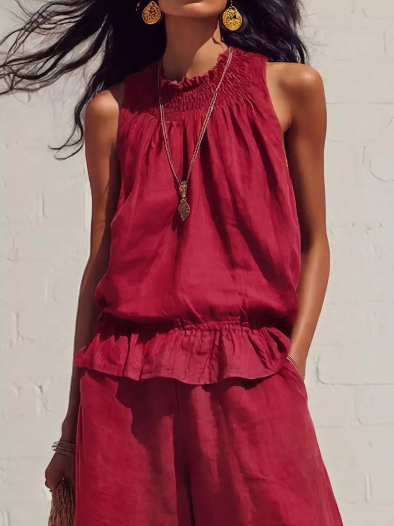 Smocked Ruffled Hem Top and Wide-Leg Pants Set The Nichole Collection