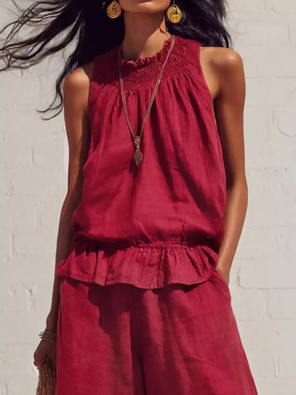 Smocked Ruffled Hem Top and Wide-Leg Pants Set The Nichole Collection