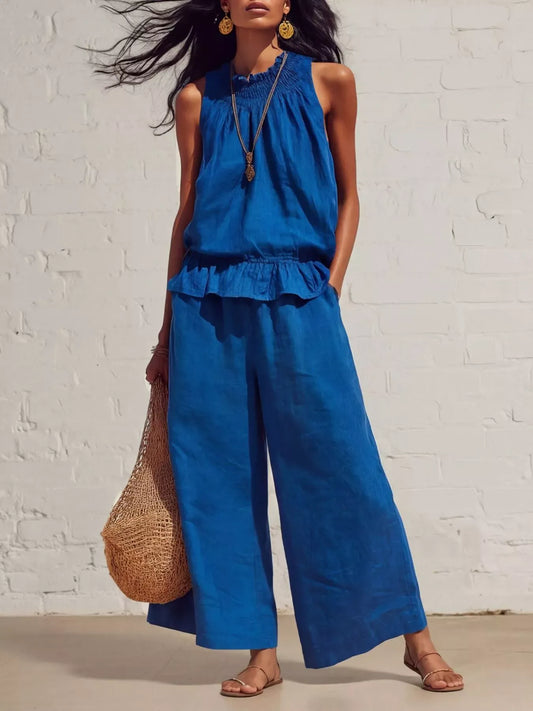 Smocked Ruffled Hem Top and Wide-Leg Pants Set Blue / S The Nichole Collection