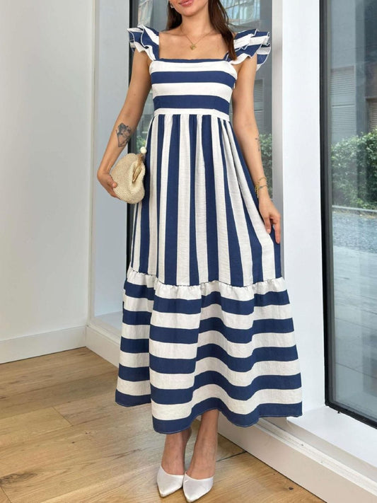 Smocked Striped Square Neck Cap Sleeve Dress Dark Blue / S The Nichole Collection