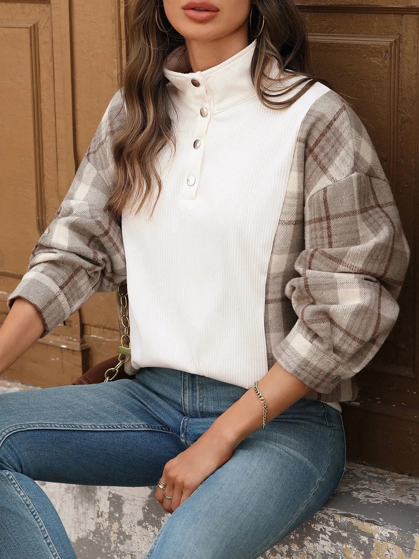 Snap Down Plaid Long Sleeve Sweatshirt Sweatshirt The Nichole Collection