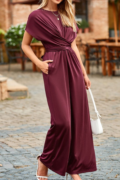 Solid Color Cap Sleeve Knot Waist Shift Jumpsuit The Nichole Collection - Official Site