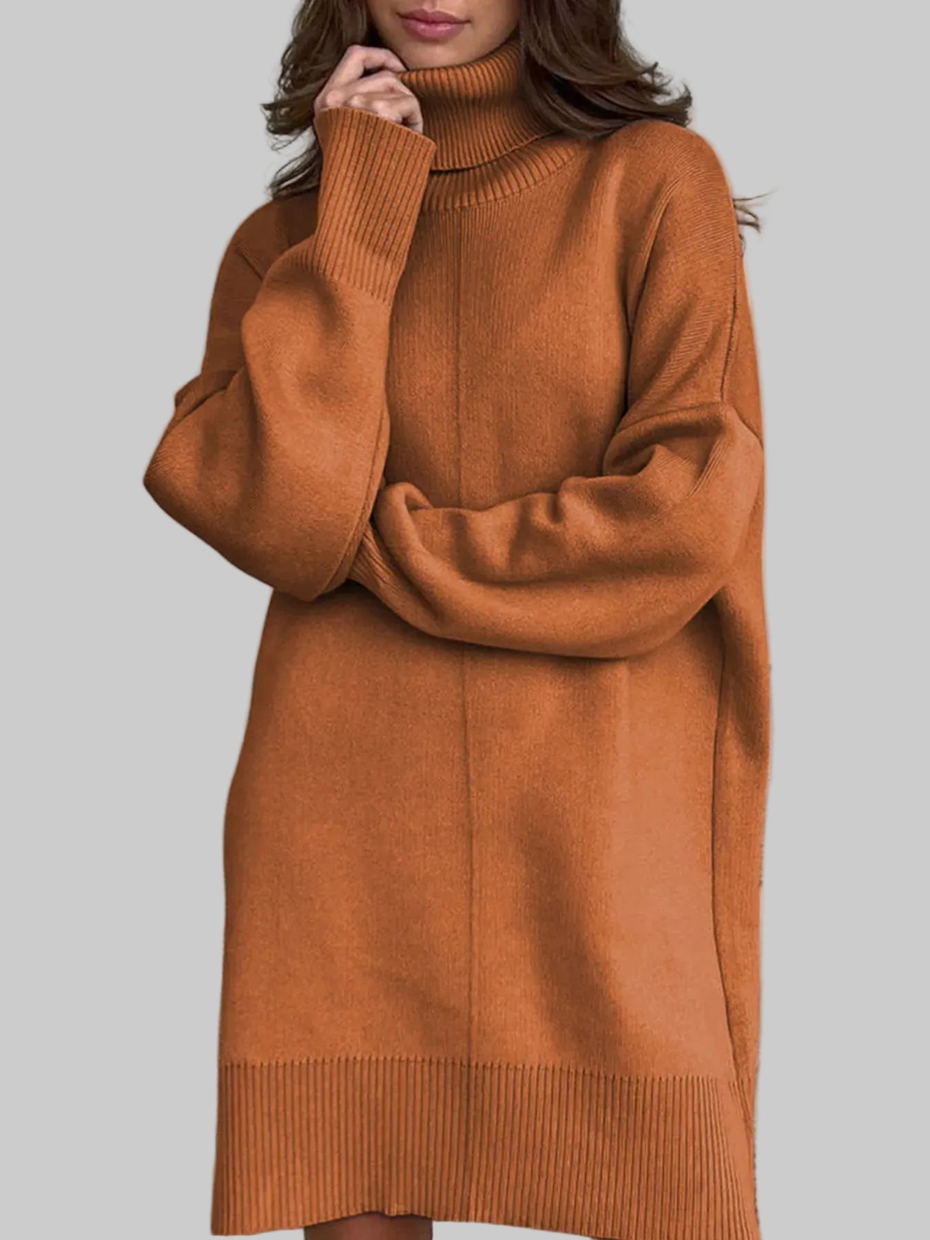 Solid Color Turtleneck Drop Shoulder Loose Sweater Dress The Nichole Collection