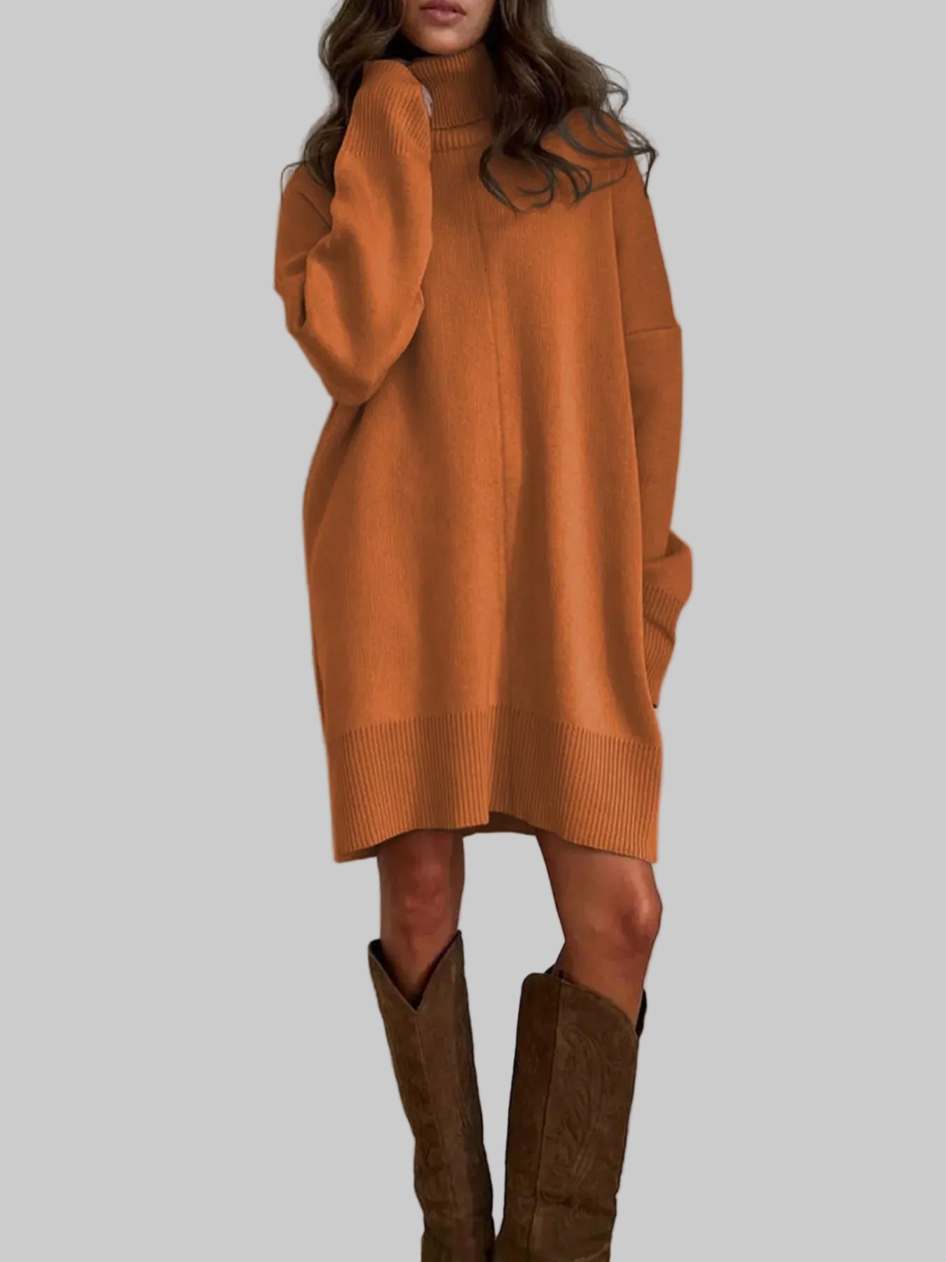 Solid Color Turtleneck Drop Shoulder Loose Sweater Dress Caramel / S The Nichole Collection