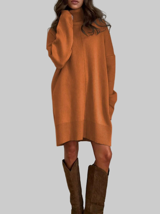 Solid Color Turtleneck Drop Shoulder Loose Sweater Dress Caramel / S The Nichole Collection