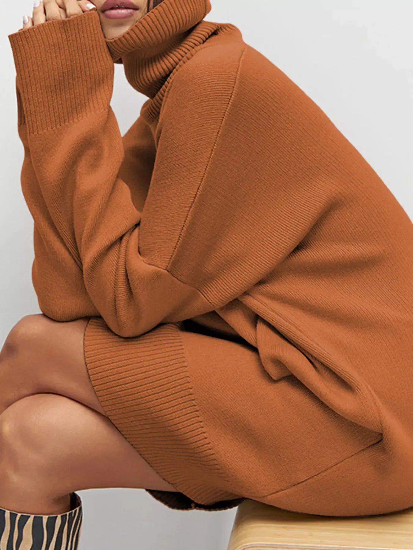 Solid Color Turtleneck Drop Shoulder Loose Sweater Dress The Nichole Collection