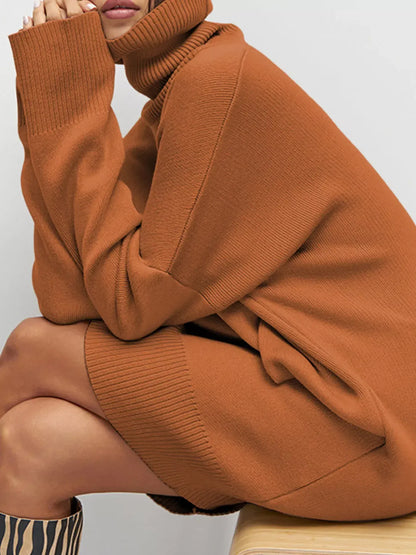 Solid Color Turtleneck Drop Shoulder Loose Sweater Dress The Nichole Collection