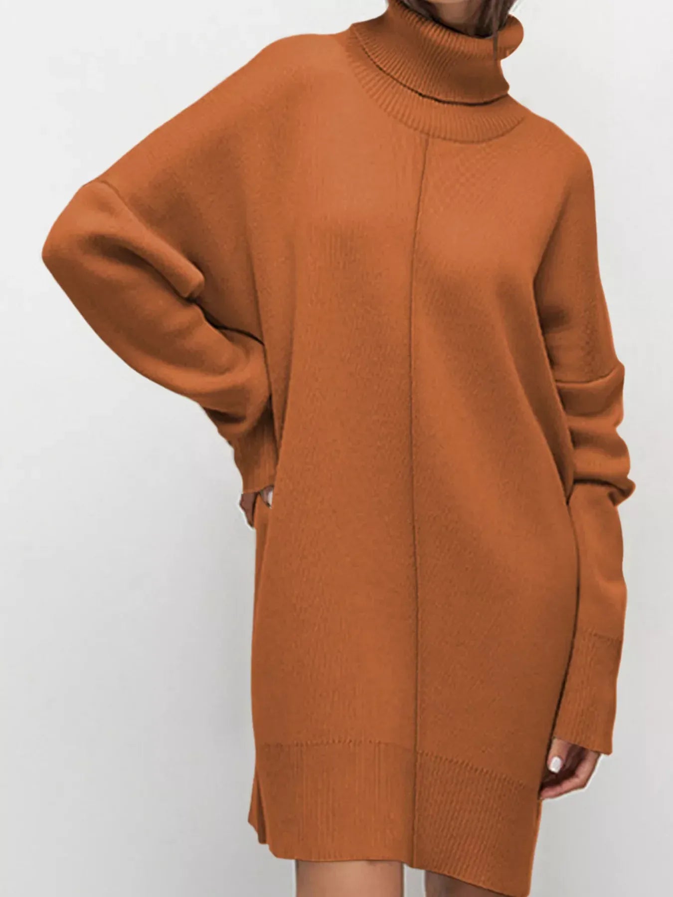 Solid Color Turtleneck Drop Shoulder Loose Sweater Dress The Nichole Collection