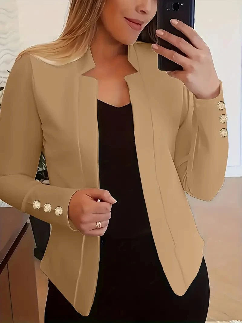 Solid Open Front Women’s Blazer – Casual Long Sleeve Button Blazer for Work & Office Blazers Khaki / S The Nichole Collection