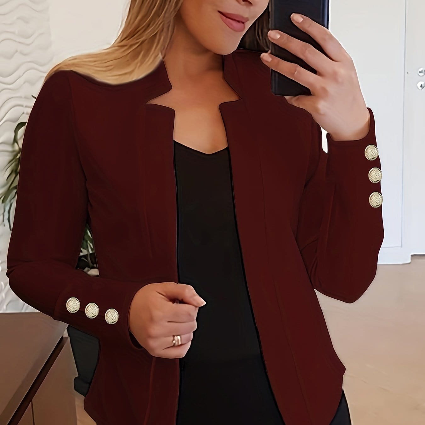 Solid Open Front Women’s Blazer – Casual Long Sleeve Button Blazer for Work & Office Blazers Burgundy / S The Nichole Collection
