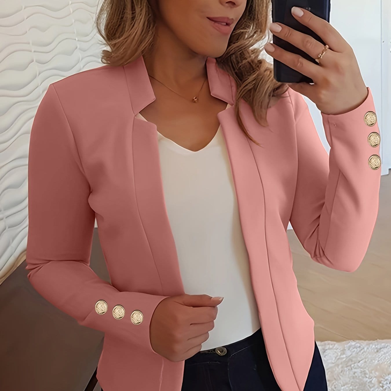 Solid Open Front Women’s Blazer – Casual Long Sleeve Button Blazer for Work & Office Blazers Pink Color / S The Nichole Collection