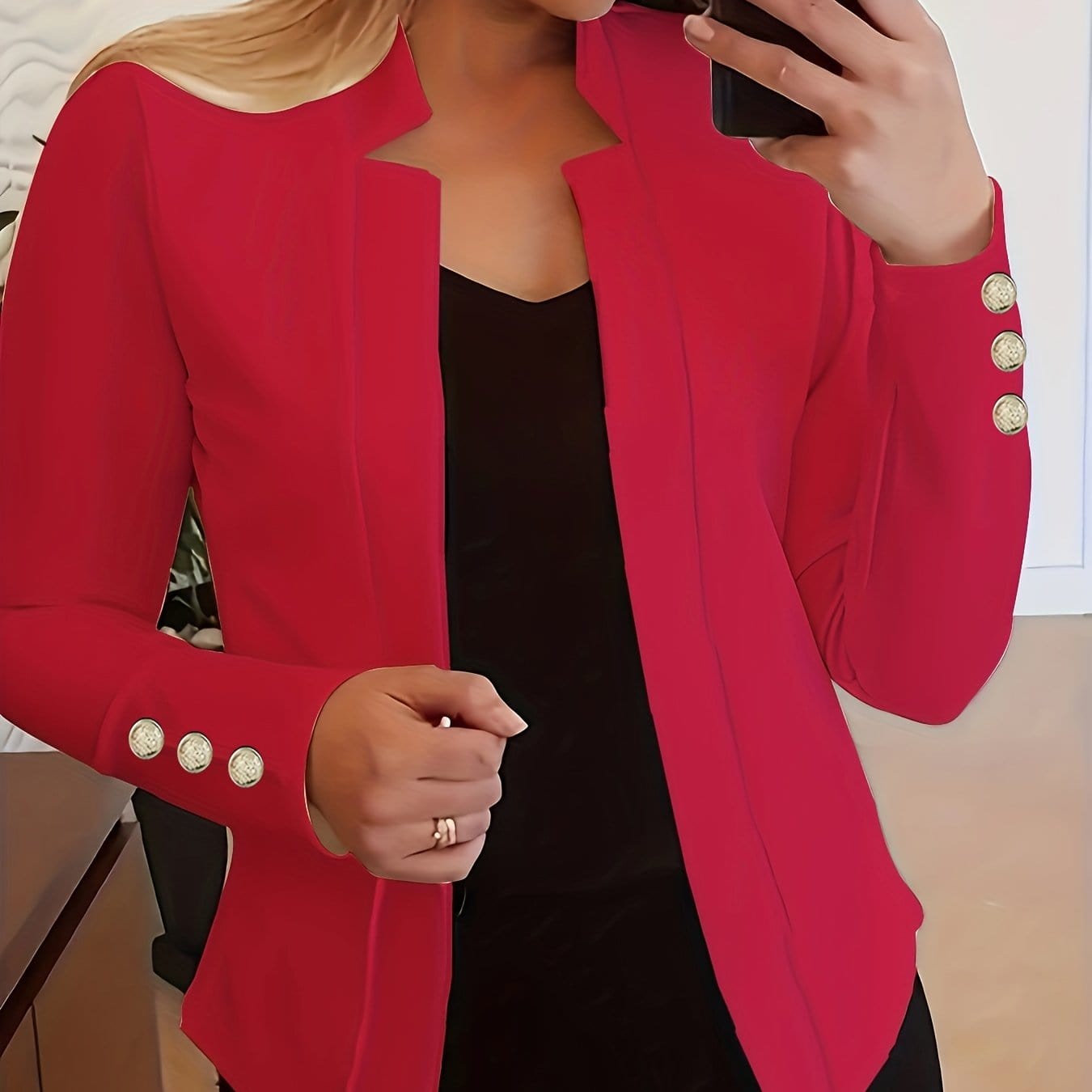 Solid Open Front Women’s Blazer – Casual Long Sleeve Button Blazer for Work & Office Blazers Red / S The Nichole Collection