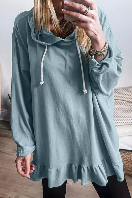 Solid Ruffled Hem Loose Fit Tunic Hoodie Light Blue / S The Nichole Collection - Official Site