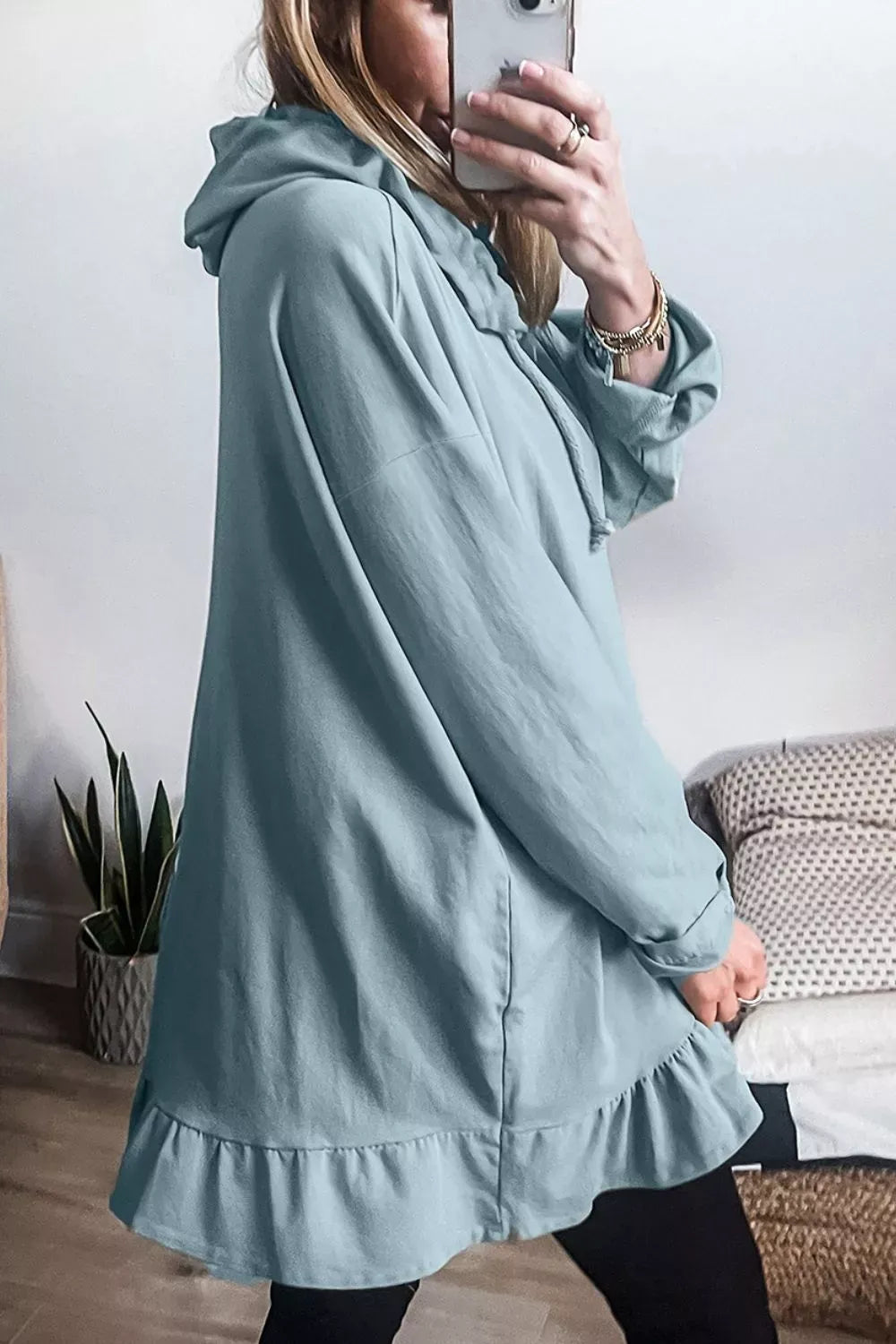 Solid Ruffled Hem Loose Fit Tunic Hoodie The Nichole Collection - Official Site