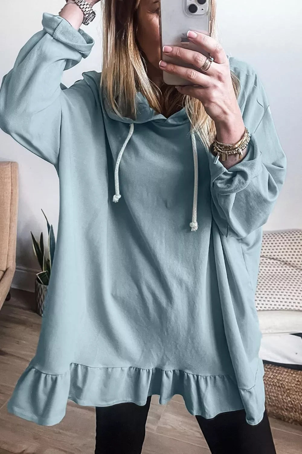 Solid Ruffled Hem Loose Fit Tunic Hoodie The Nichole Collection - Official Site