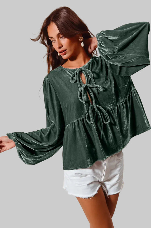 Spaghetti Strap Front Tie Velvet Holiday Blouse Shirts & Tops Hunter Green / S The Nichole Collection