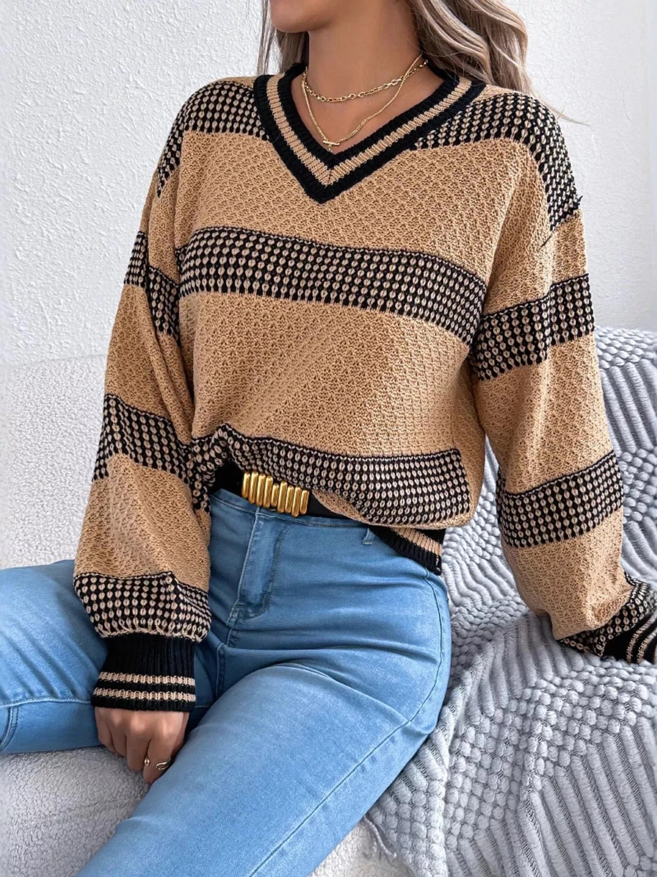 Sporty Contrast Striped V-Neck Sweater Sweaters Khaki / S The Nichole Collection
