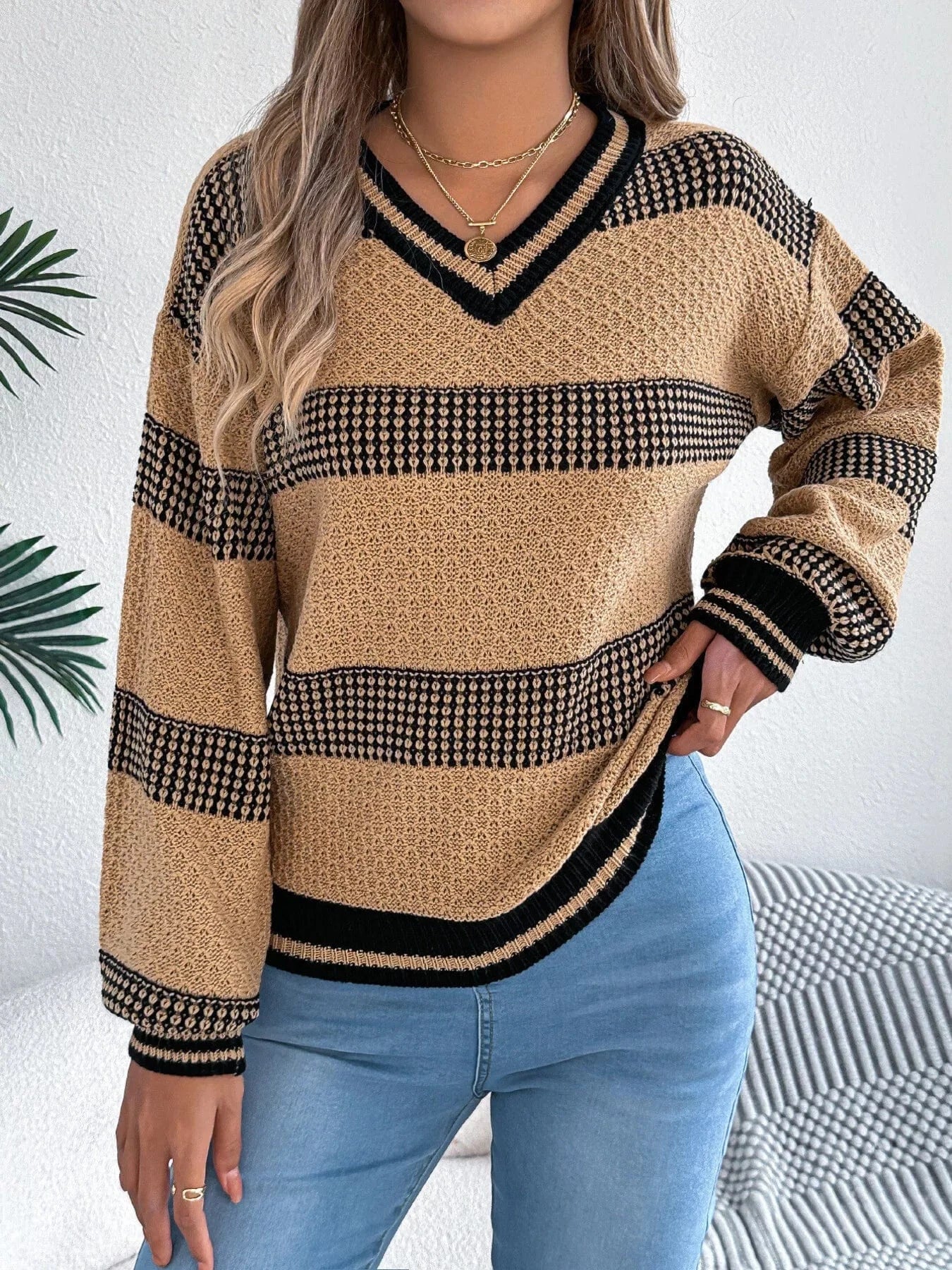 Sporty Contrast Striped V-Neck Sweater Sweaters The Nichole Collection