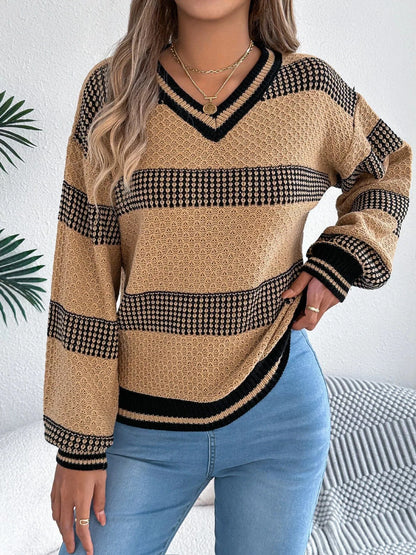 Sporty Contrast Striped V-Neck Sweater Sweaters The Nichole Collection