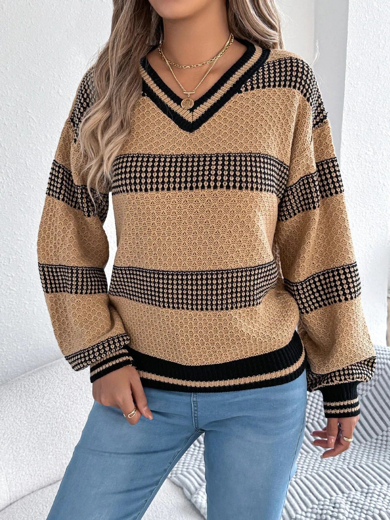 Sporty Contrast Striped V-Neck Sweater Sweaters The Nichole Collection