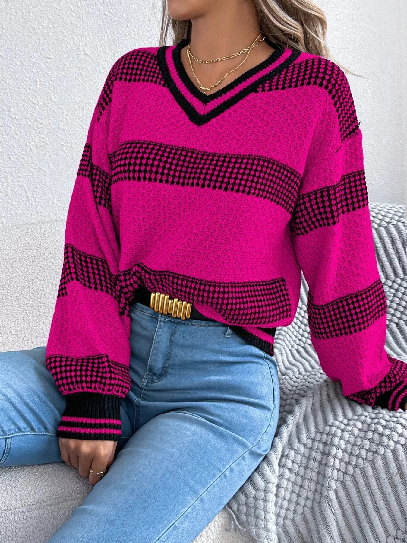 Sporty Contrast Striped V-Neck Sweater Sweaters Rose Red / S The Nichole Collection