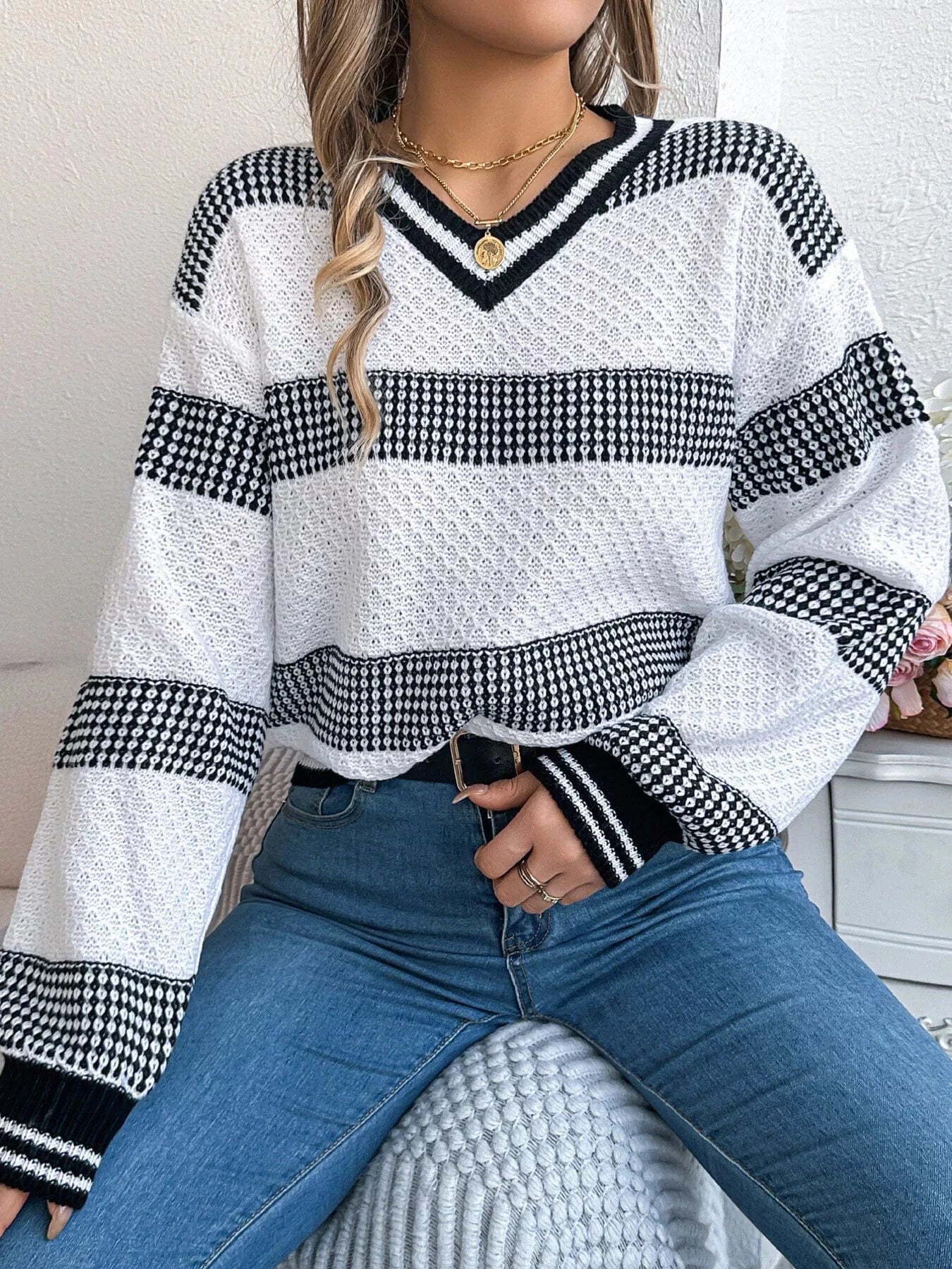 Sporty Contrast Striped V-Neck Sweater Sweaters White / S The Nichole Collection