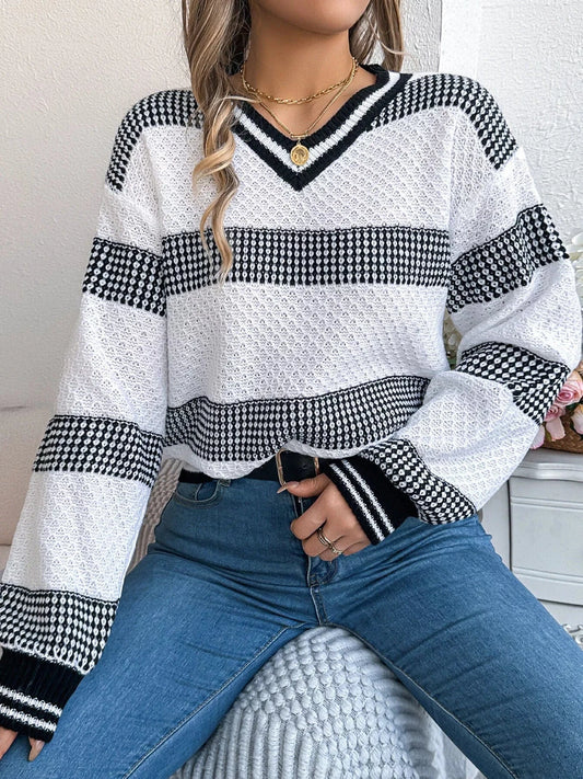 Sporty Contrast Striped V-Neck Sweater Sweaters White / S The Nichole Collection